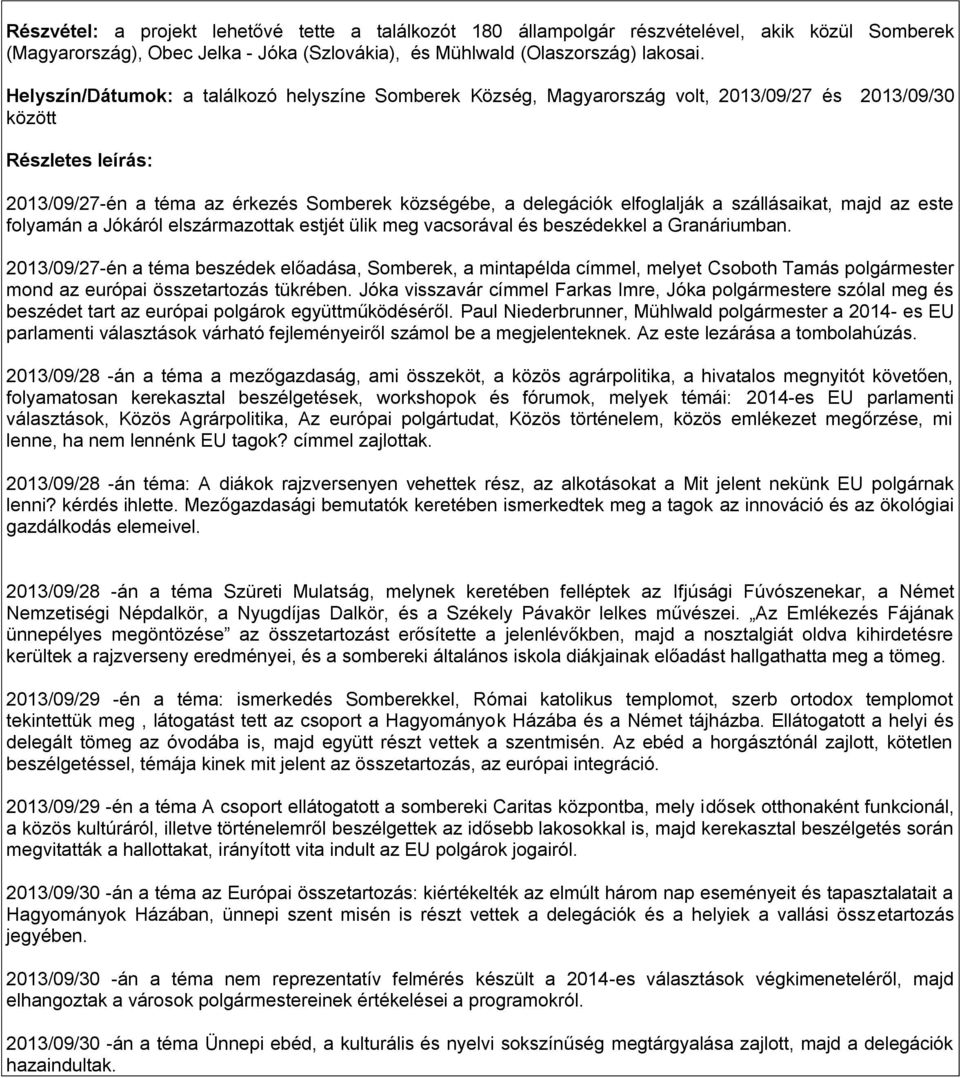 2013/09/27-én a téma beszédek előadása, Somberek, a mintapélda címmel, melyet Csoboth Tamás polgármester mond az európai összetartozás tükrében.