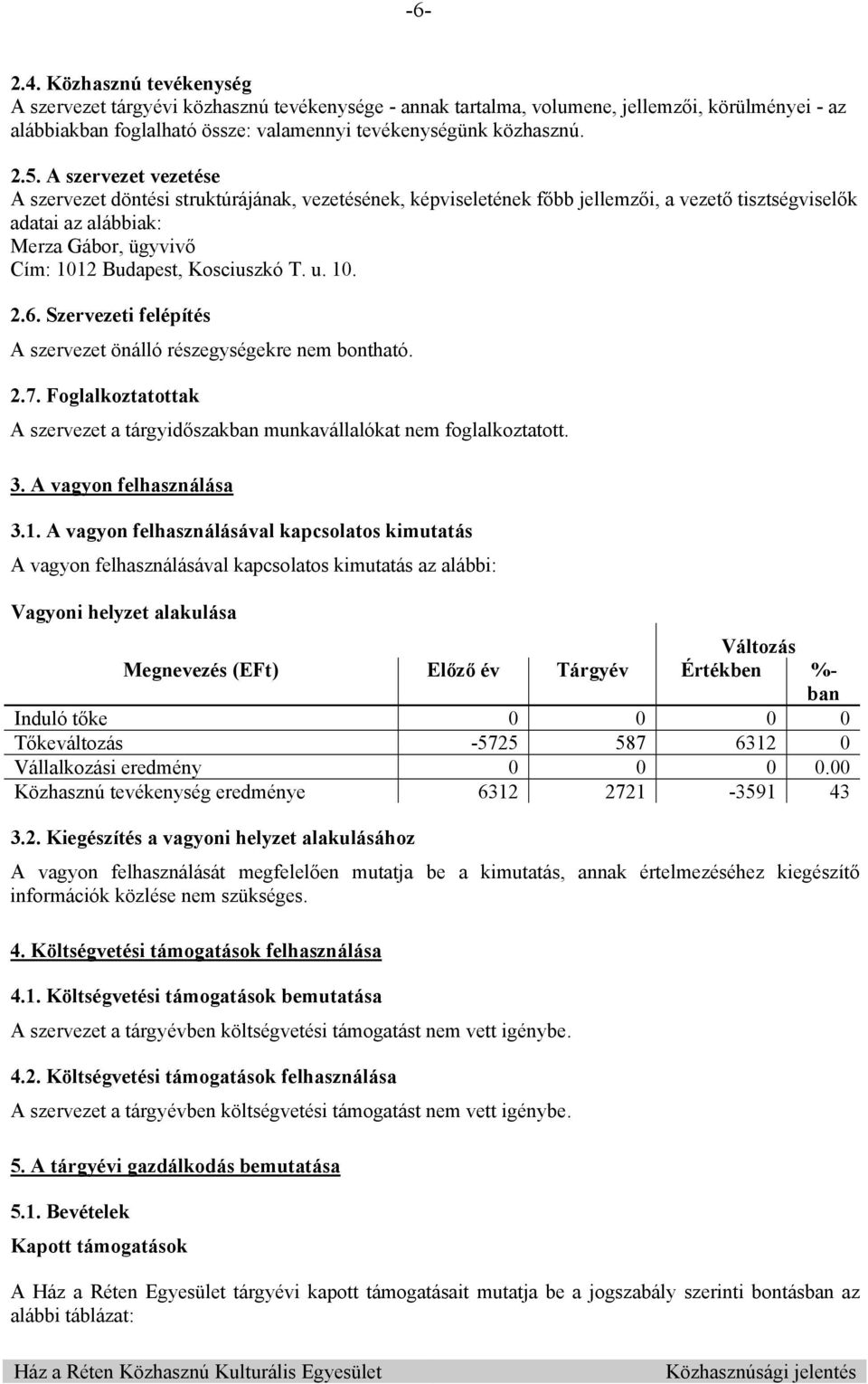 Kosciuszkó T. u. 10. 2.6. Szervezeti felépítés A szervezet önálló részegységekre nem bontható. 2.7. Foglalkoztatottak A szervezet a tárgyidőszakban munkavállalókat nem foglalkoztatott. 3.