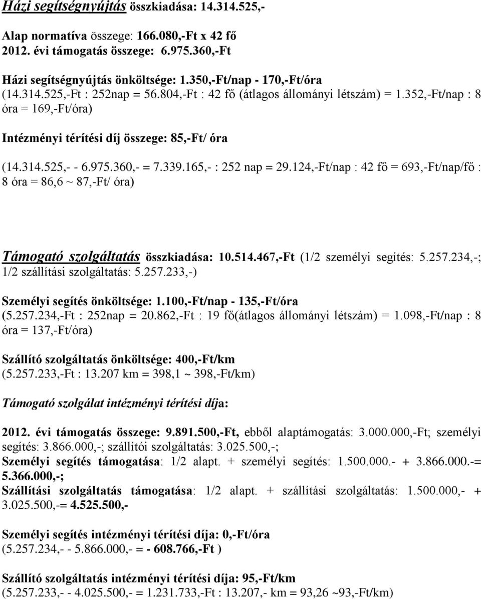 165,- : 252 nap = 29.124,-Ft/nap : 42 fő = 693,-Ft/nap/fő : 8 óra = 86,6 ~ 87,-Ft/ óra) Támogató szolgáltatás összkiadása: 10.514.467,-Ft (1/2 személyi segítés: 5.257.