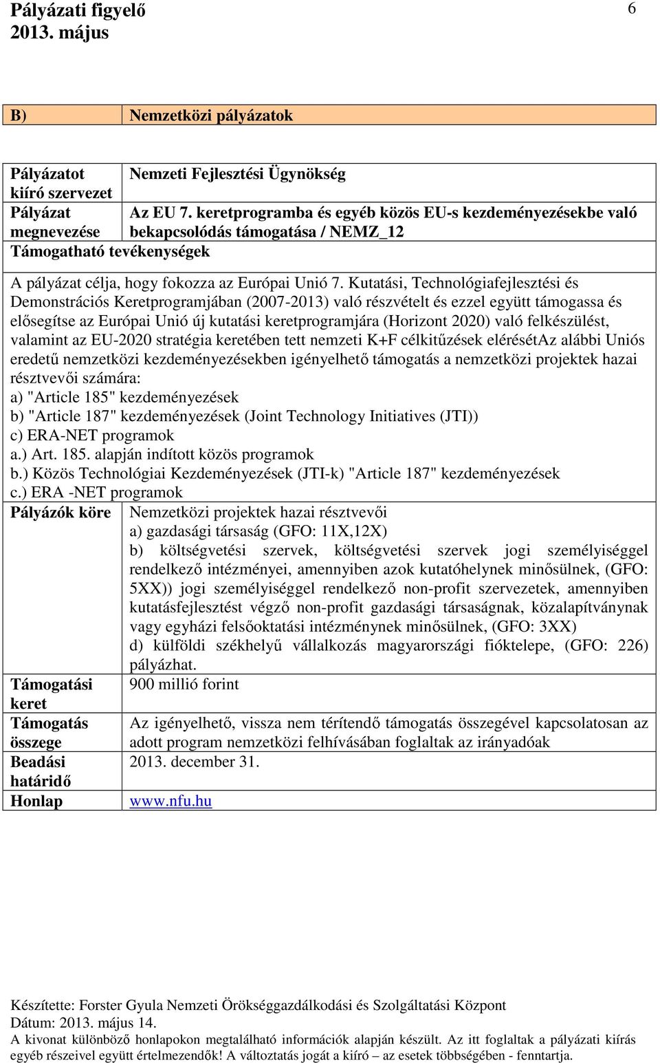 Kutatási, Technológiafejlesztési és Demonstrációs Keretprogramjában (2007-2013) való részvételt és ezzel együtt támogassa és elősegítse az Európai Unió új kutatási programjára (Horizont 2020) való