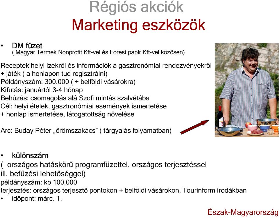 000 ( + belföldi vásárokra) Kifutás: januártól 3-4 hónap Behúzás: csomagolás alá Szofi mintás szalvétába Cél: helyi ételek, gasztronómiai események ismertetése + honlap ismertetése,