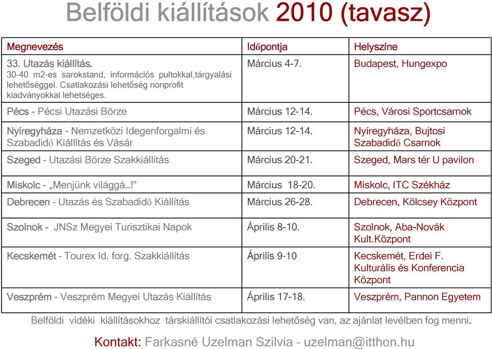 Pécs - Pécsi Utazási Börze Nyíregyh regyháza - Nemzetközi Idegenforgalmi és Szabadidı Kiállítás és Vásár Szeged Utazási Börze Szakkiállítás Miskolc - Menjünk világgá!