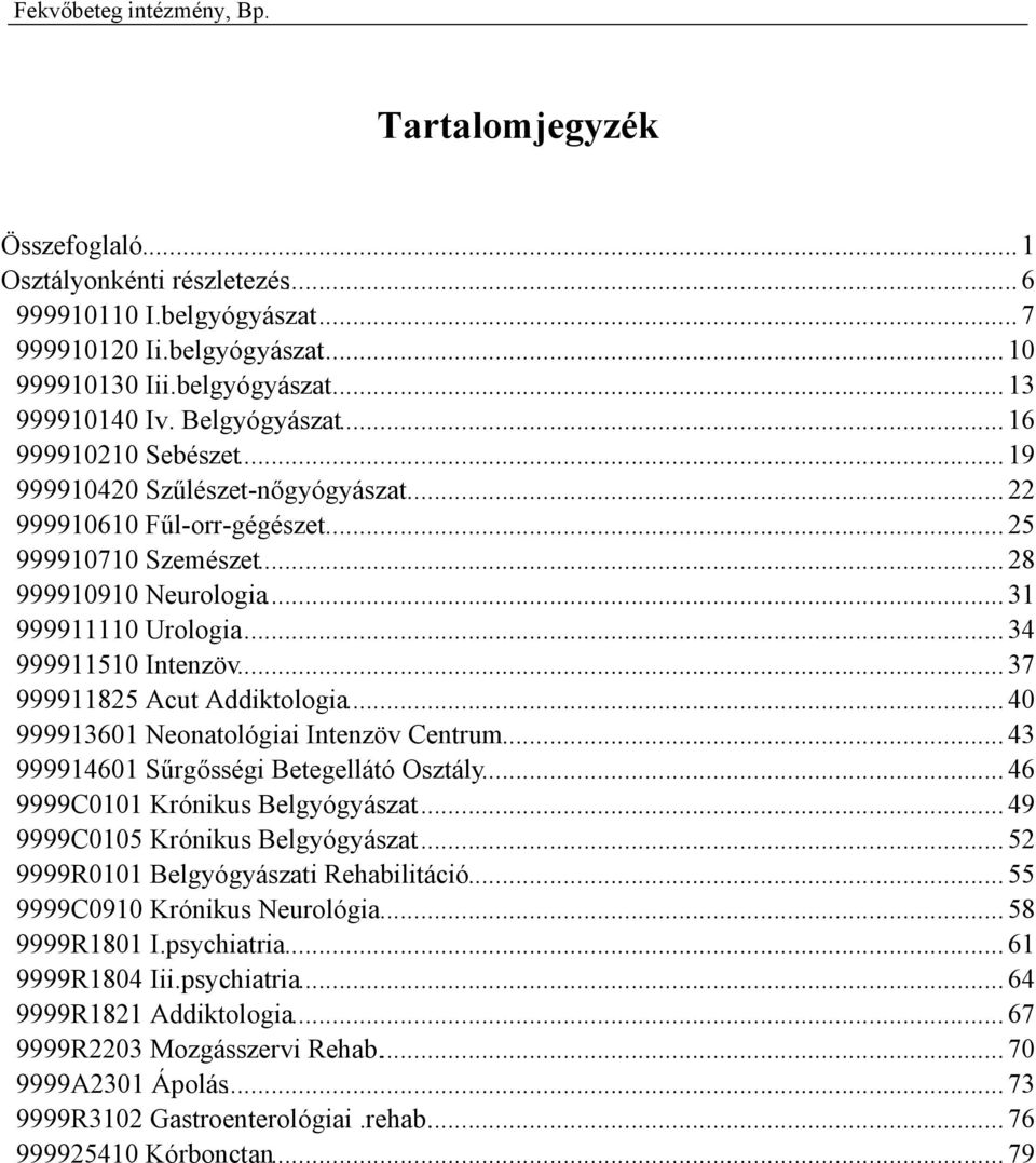 .. 37 999911825 Acut Addiktologia... 40 999913601 Neonatológiai Intenzöv Centrum... 43 999914601 Sűrgősségi Betegellátó Osztály... 46 9999C0101 Krónikus Belgyógyászat.