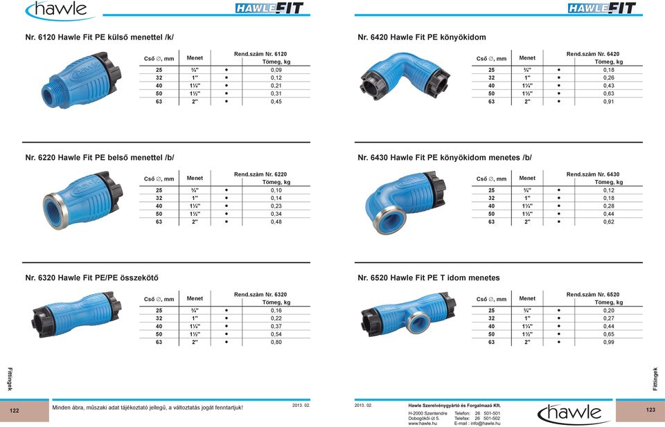 szám Nr. 6430 ¾" 0,12 1" 0,18 1¼" 0,28 1½" 0,44 2" 0,62 Nr. 60 Hawle Fit PE/PE összekötő Nr. 6520 Hawle Fit PE T idom menetes Rend.szám Nr. 60 ¾" 0,16 1" 0,22 1¼" 0,37 1½" 0,54 2" 0,80 Rend.