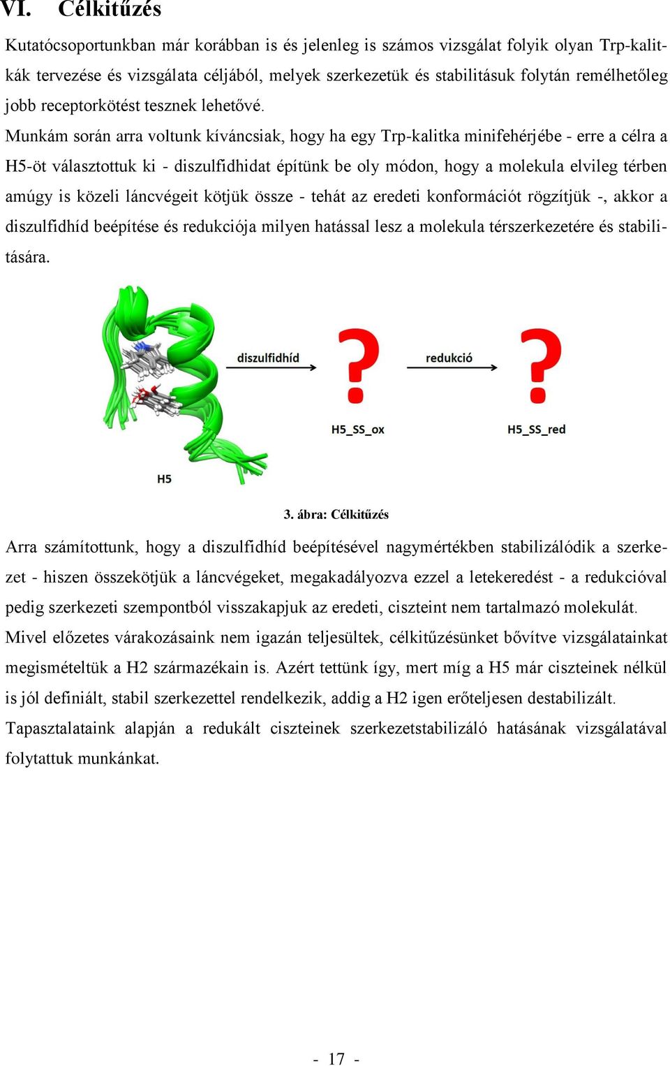 Munkám során arra voltunk kíváncsiak, hogy ha egy Trp-kalitka minifehérjébe - erre a célra a H5-öt választottuk ki - diszulfidhidat építünk be oly módon, hogy a molekula elvileg térben amúgy is