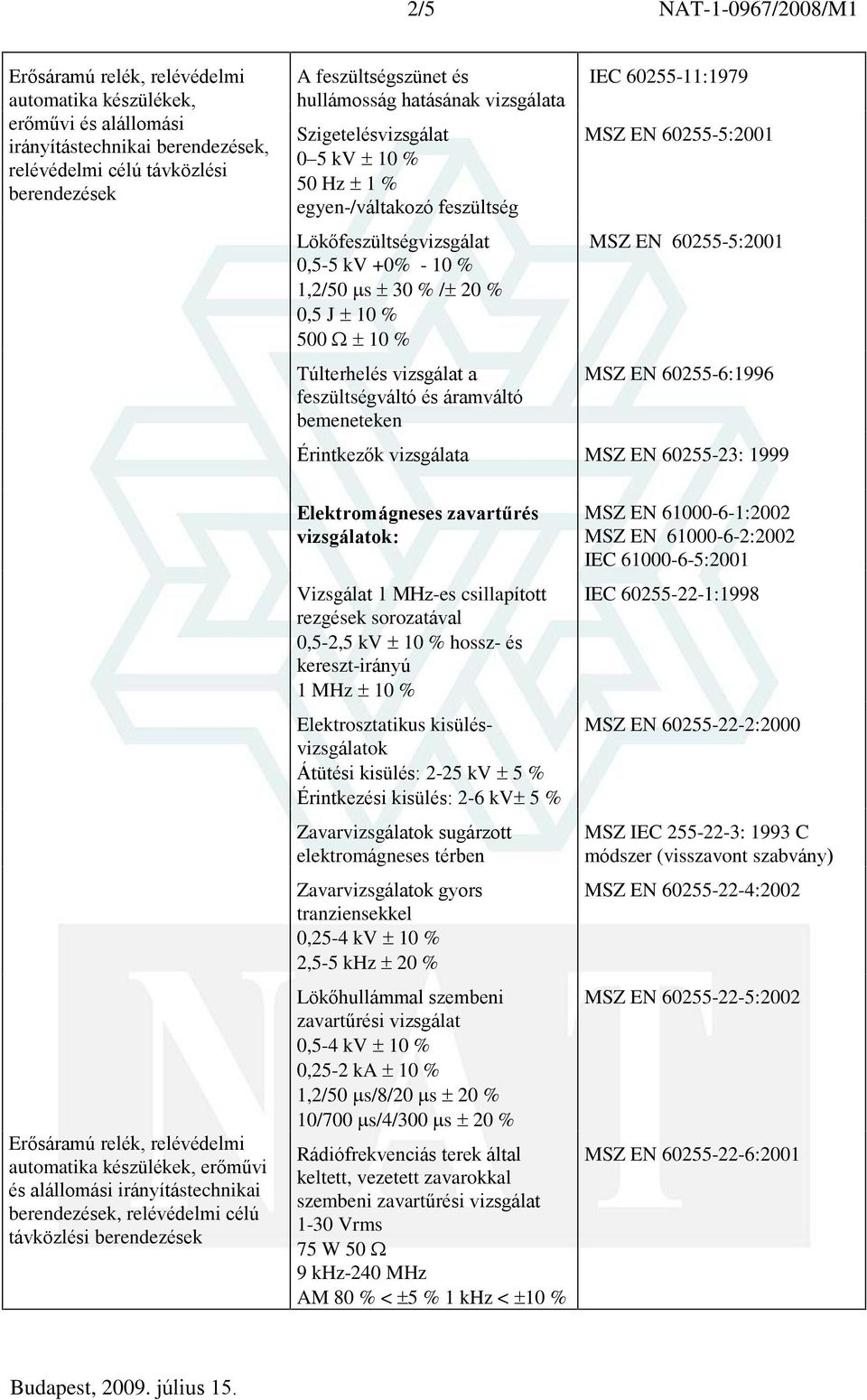 áramváltó bemeneteken IEC 60255-11:1979 MSZ EN 60255-5:2001 MSZ EN 60255-5:2001 Érintkezõk vizsgálata MSZ EN 60255-23: 1999 automatika készülékek, erõmûvi és alállomási irányítástechnikai