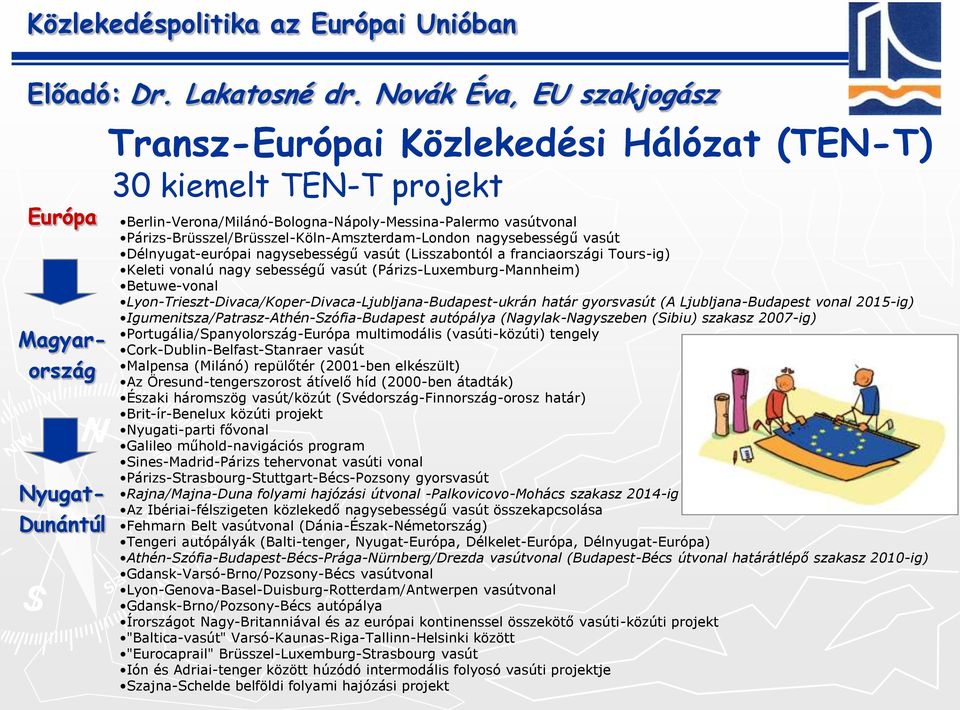 Lyon-Trieszt-Divaca/Koper-Divaca-Ljubljana-Budapest-ukrán határ gyorsvasút (A Ljubljana-Budapest vonal 2015-ig) Igumenitsza/Patrasz-Athén-Szófia-Budapest autópálya (Nagylak-Nagyszeben (Sibiu) szakasz