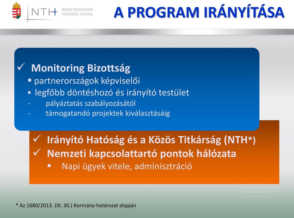 kiválasztásáig Irányító Hatóság és a Közös Titkárság (NTH*) Nemzeti kapcsolattartó