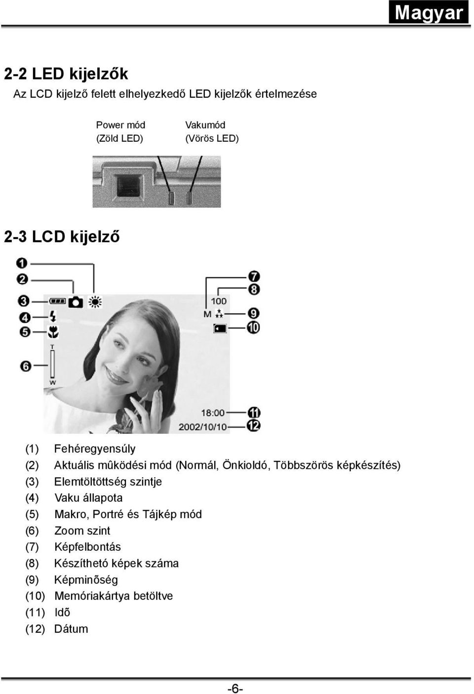 képkészítés) (3) Elemtöltöttség szintje (4) Vaku állapota (5) Makro, Portré és Tájkép mód (6) Zoom szint