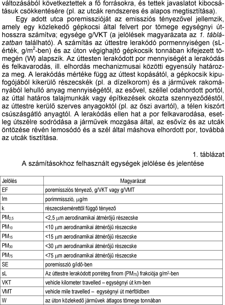 táblázatban található). A számítás az úttestre lerakódó pormennyiségen (slérték, g/m 2 -ben) és az úton végighajtó gépkocsik tonnában kifejezett tömegén (W) alapszik.