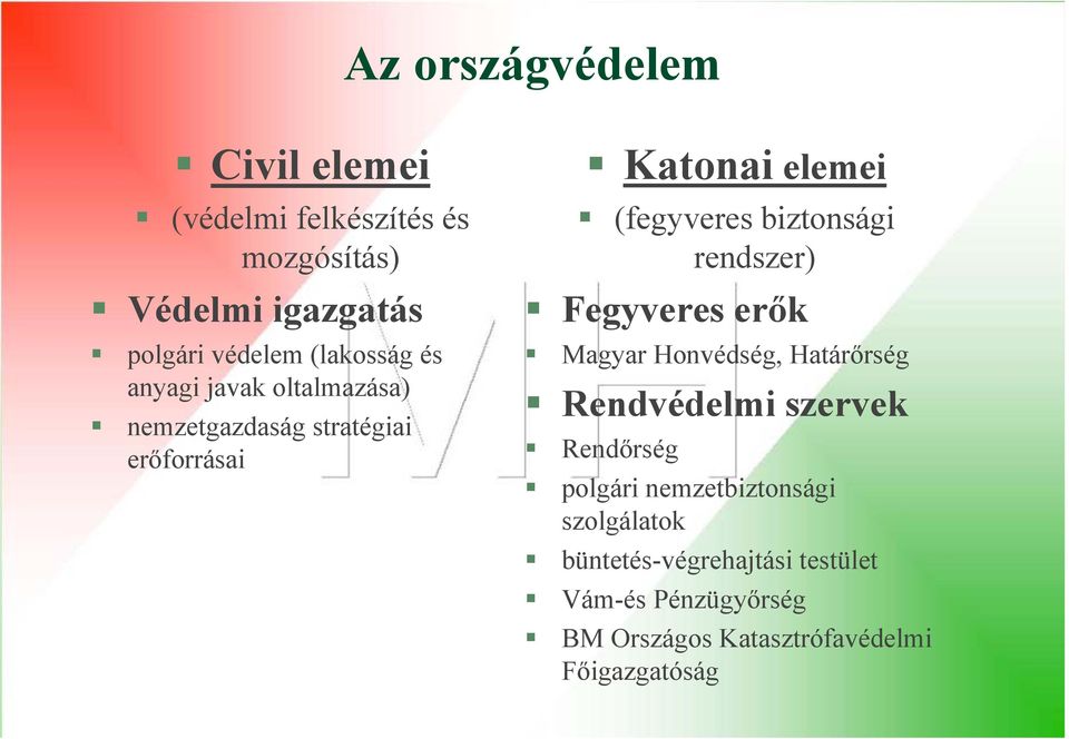 biztonsági rendszer) Fegyveres erők Magyar Honvédség, Határőrség Rendvédelmi szervek Rendőrség polgári