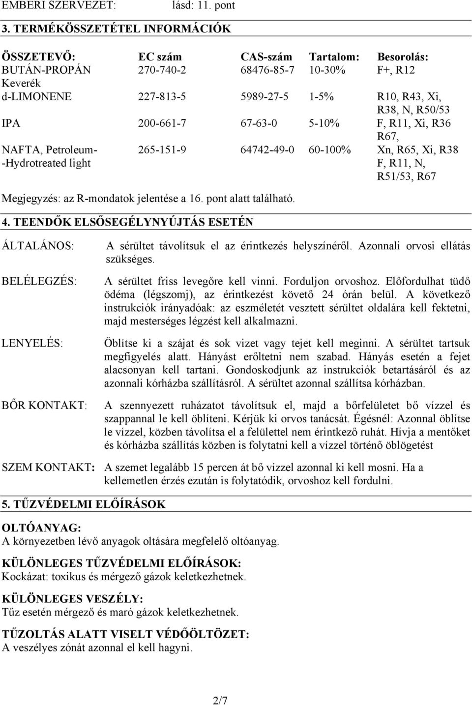 IPA 200-661-7 67-63-0 5-10% F, R11, Xi, R36 R67, NAFTA, Petroleum- 265-151-9 64742-49-0 60-100% Xn, R65, Xi, R38 -Hydrotreated light F, R11, N, R51/53, R67 Megjegyzés: az R-mondatok jelentése a 16.