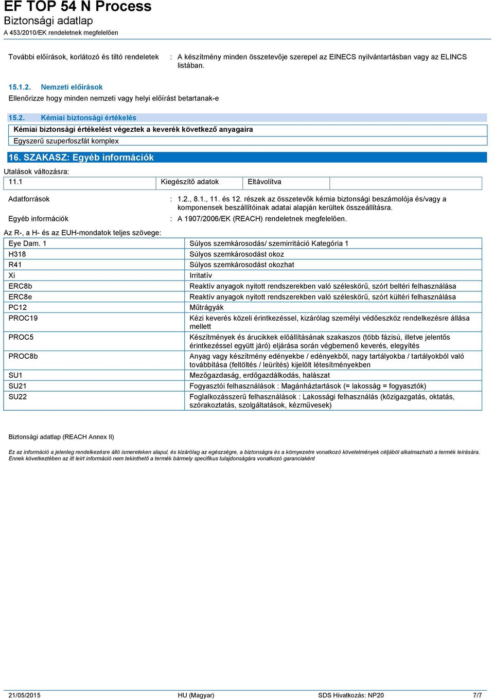 SZAKASZ: Utalások változásra: 11.1 Kiegészítő adatok Eltávolítva Adatforrások : 1.2., 8.1., 11. és 12.