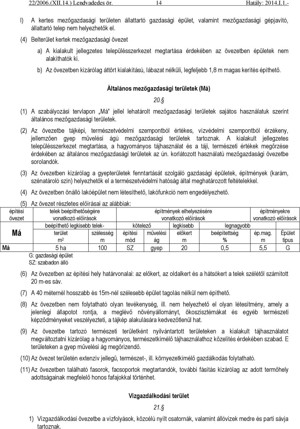 b) Az övezetben kizárólag áttört kialakítású, lábazat nélküli, legfeljebb 1,8 m magas kerítés építhető. Általános mezőgazdasági területek (Má) 20.