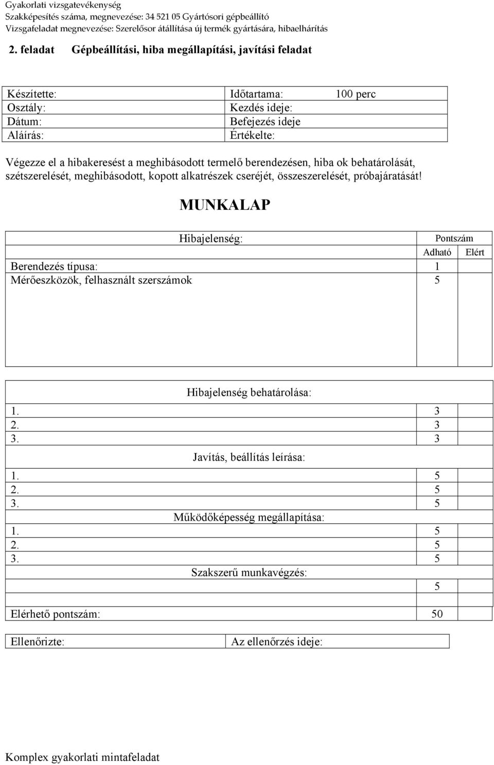 próbajáratását! MUNKALAP Hibajelenség: Pontszám Adható Elért Berendezés típusa: 1 Mérőeszközök, felhasznált szerszámok 5 Hibajelenség behatárolása: 1. 3 2. 3 3.