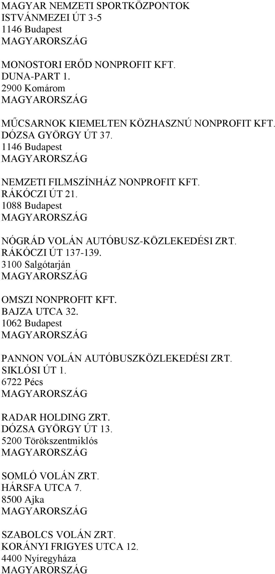 1088 Budapest NÓGRÁD VOLÁN AUTÓBUSZ-KÖZLEKEDÉSI ZRT. RÁKÓCZI ÚT 137-139. 3100 Salgótarján OMSZI NONPROFIT KFT. BAJZA UTCA 32.