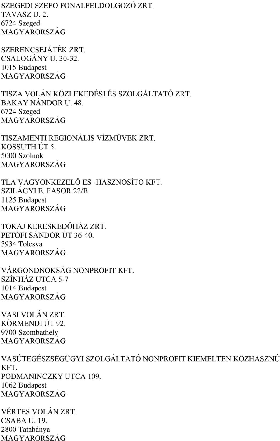 FASOR 22/B 1125 Budapest TOKAJ KERESKEDŐHÁZ ZRT. PETŐFI SÁNDOR ÚT 36-40. 3934 Tolcsva VÁRGONDNOKSÁG NONPROFIT KFT. SZÍNHÁZ UTCA 5-7 1014 Budapest VASI VOLÁN ZRT.
