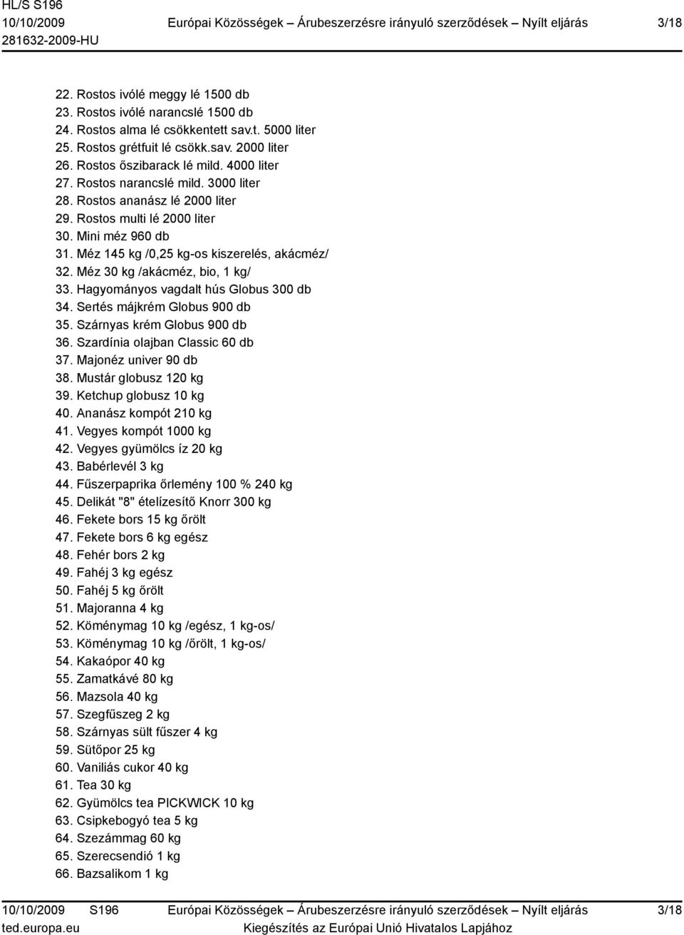 Méz 30 kg /akácméz, bio, 1 kg/ 33. Hagyományos vagdalt hús Globus 300 db 34. Sertés májkrém Globus 900 db 35. Szárnyas krém Globus 900 db 36. Szardínia olajban Classic 60 db 37.