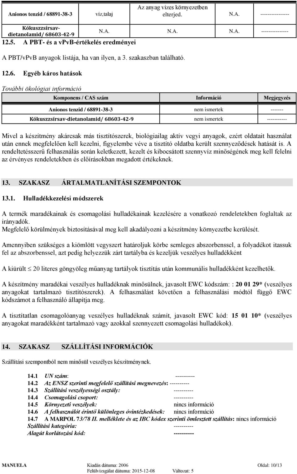 CAS szám Információ Megjegyzés Anionos tenzid / 68891-38-3 nem ismertek ------- nem ismertek ----------- Mivel a készítmény akárcsak más tisztítószerek, biológiailag aktív vegyi anyagok, ezért