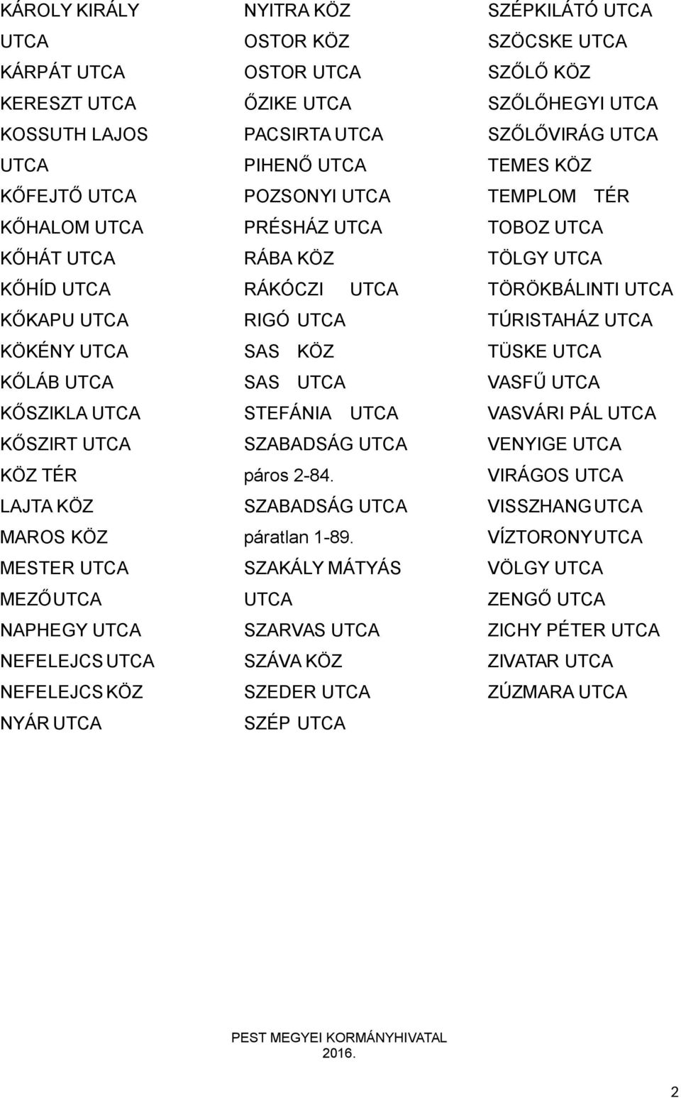 SZABADSÁG páros 2-84. SZABADSÁG páratlan 1-89.