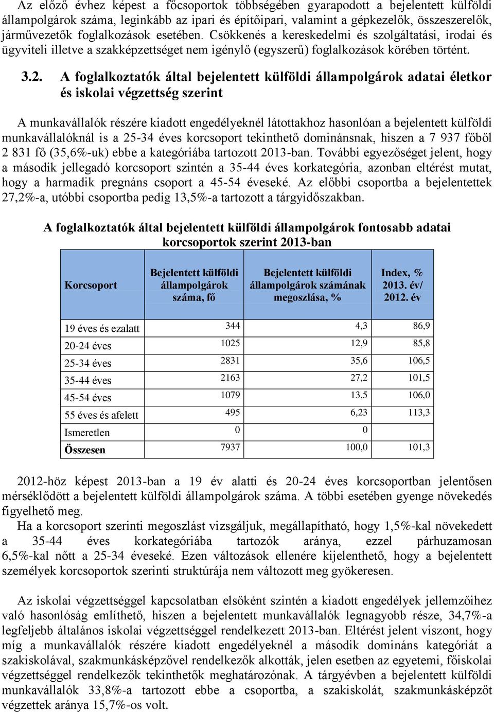 A foglalkoztatók által bejelentett külföldi állampolgárok adatai életkor és iskolai végzettség szerint A munkavállalók részére kiadott engedélyeknél látottakhoz hasonlóan a bejelentett külföldi