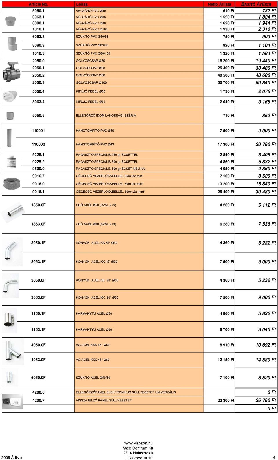 1 GOLYÓSCSAP Ø63 25 400 Ft 30 480 Ft 2050.2 GOLYÓSCSAP Ø80 40 500 Ft 48 600 Ft 2050.3 GOLYÓSCSAP Ø100 50 700 Ft 60 840 Ft 5050.4 KIFÚJÓ FEDÉL Ø50 1 730 Ft 2 076 Ft 5063.