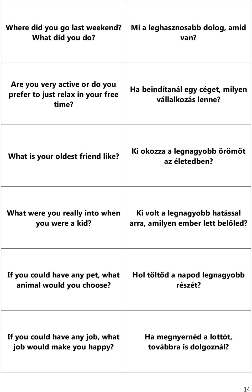 What is your oldest friend like? Ki okozza a legnagyobb örömöt az életedben? What were you really into when you were a kid?