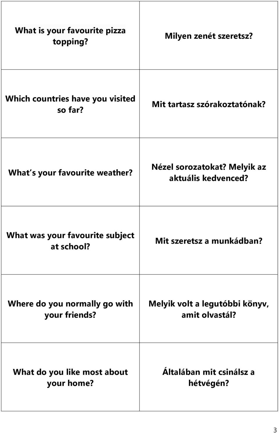 What was your favourite subject at school? Mit szeretsz a munkádban? Where do you normally go with your friends?