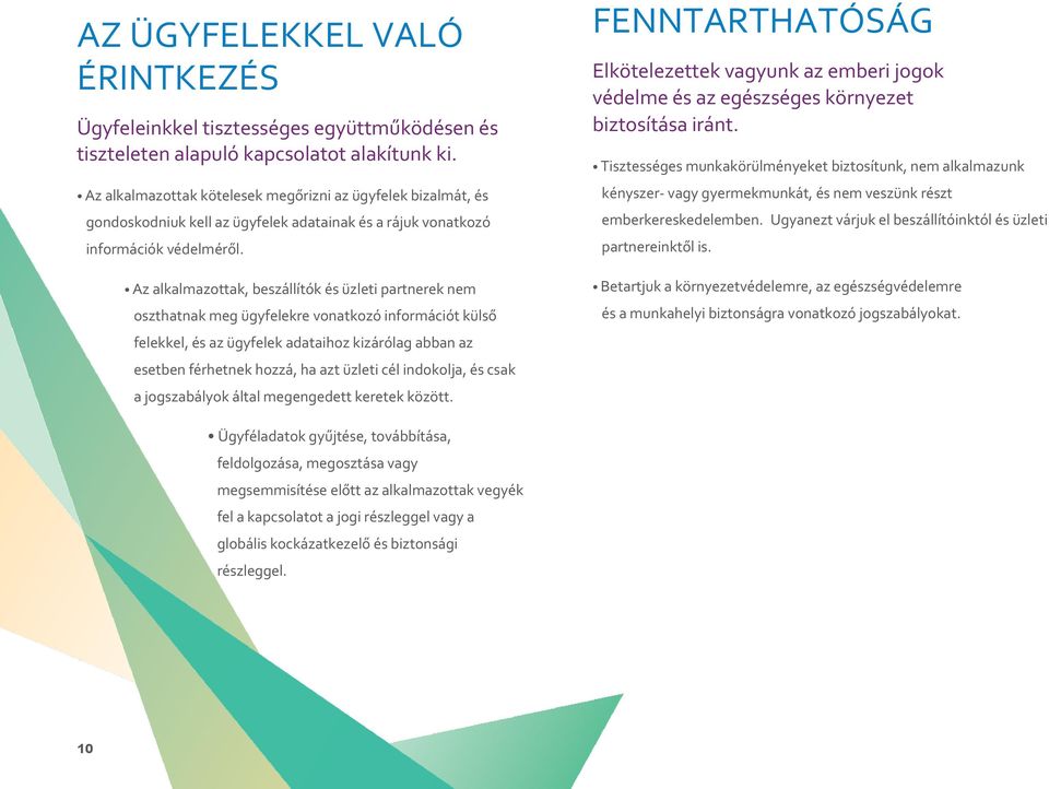 Az alkalmazottak, beszállítók és üzleti partnerek nem oszthatnak meg ügyfelekre vonatkozó információt külső felekkel, és az ügyfelek adataihoz kizárólag abban az esetben férhetnek hozzá, ha azt