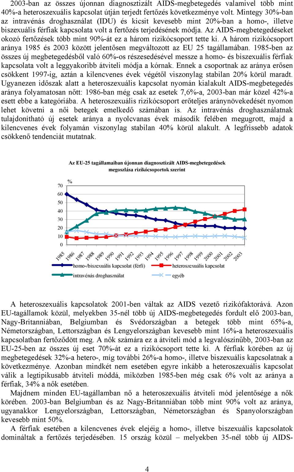 Az AIDS-megbetegedéseket okozó fertőzések több mint 9%-át ez a három rizikócsoport tette ki. A három rizikócsoport aránya 1985 és 23 között jelentősen megváltozott az EU 25 tagállamában.