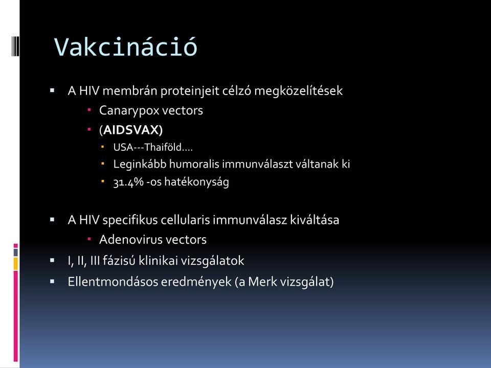 4% -os hatékonyság A HIV specifikus cellularis immunválasz kiváltása Adenovirus