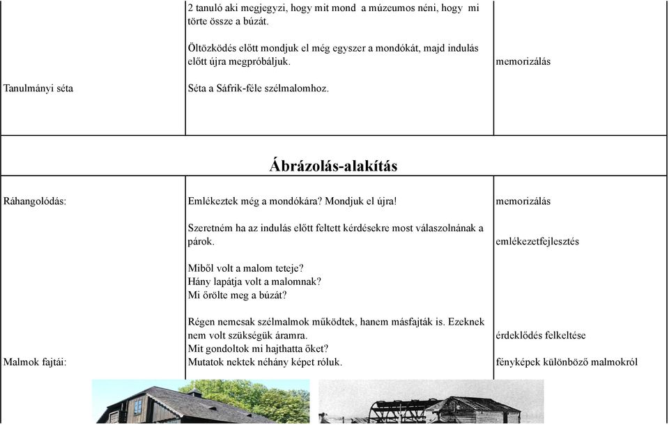 memorizálás Szeretném ha az indulás előtt feltett kérdésekre most válaszolnának a párok. emlékezetfejlesztés Miből volt a malom teteje? Hány lapátja volt a malomnak?