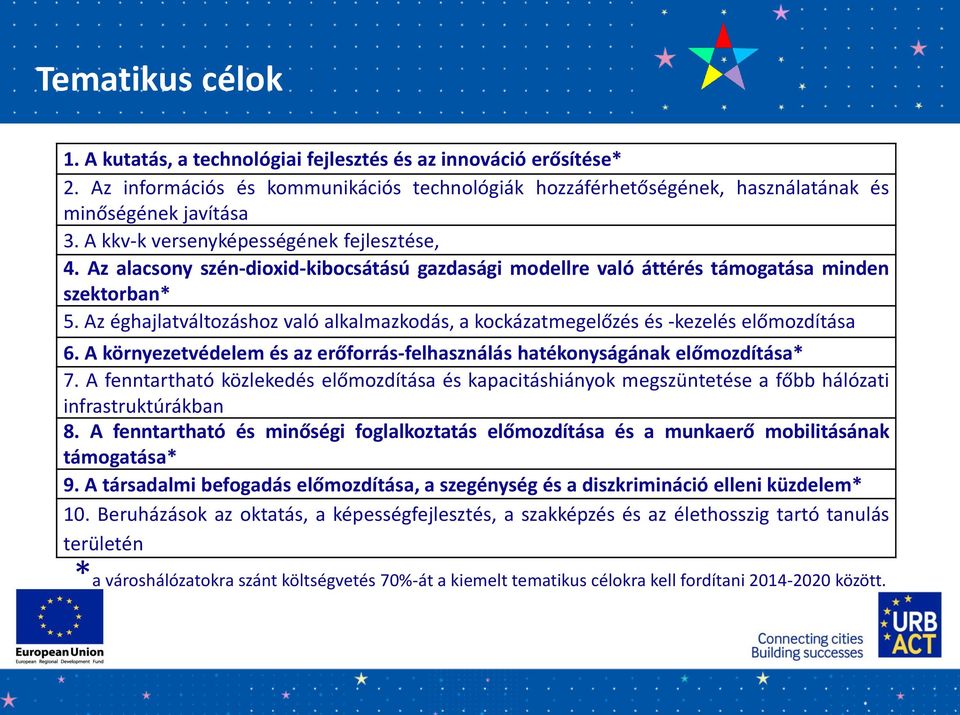 Az éghajlatváltozáshoz való alkalmazkodás, a kockázatmegelőzés és -kezelés előmozdítása 6. A környezetvédelem és az erőforrás-felhasználás hatékonyságának előmozdítása* 7.