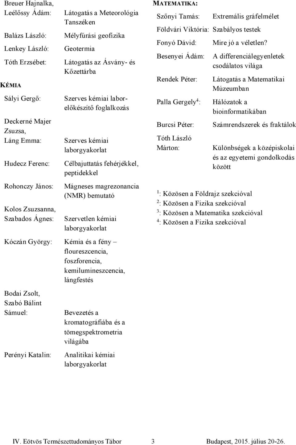 peptidekkel Mágneses magrezonancia (NMR) bemutató Szervetlen kémiai laborgyakorlat Kóczán György: Kémia és a fény floureszcencia, foszforencia, kemilumineszcencia, lángfestés Bodai Zsolt, Szabó