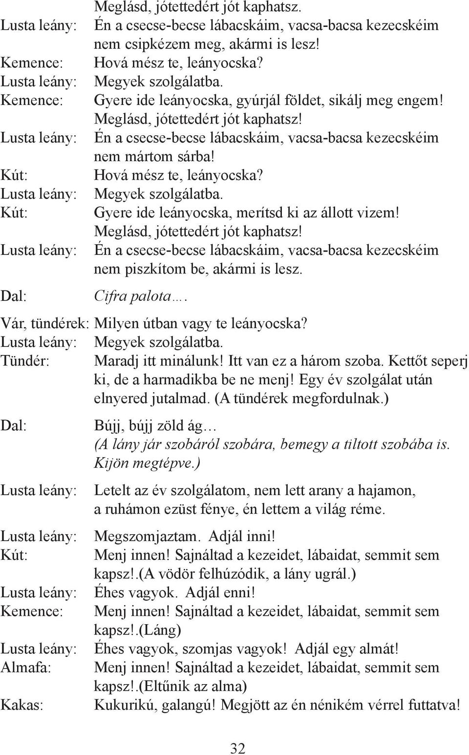 Gyere ide leányocska, merítsd ki az állott vizem! Meglásd, jótettedért jót kaphatsz! Én a csecse-becse lábacskáim, vacsa-bacsa kezecskéim nem piszkítom be, akármi is lesz. Cifra palota.