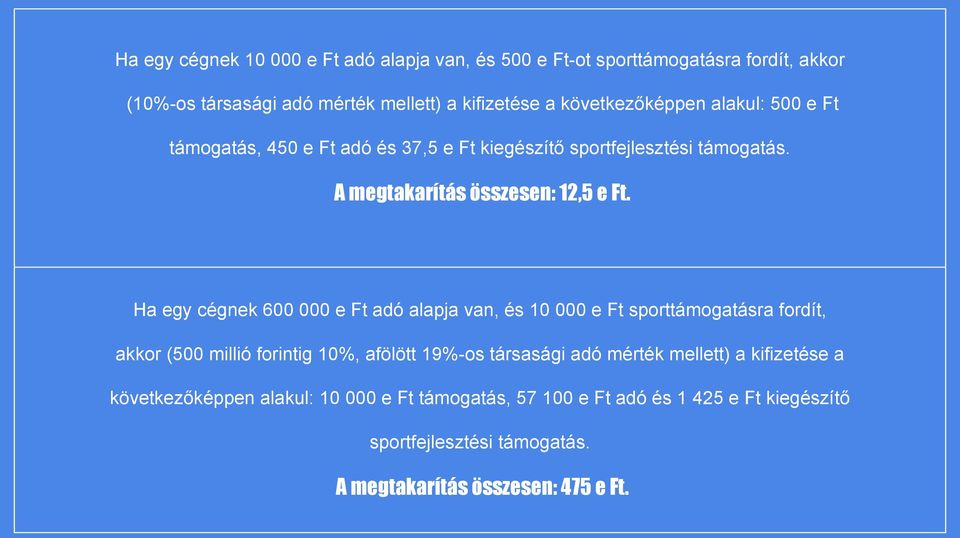 Ha egy cégnek 600 000 e Ft adó alapja van, és 10 000 e Ft sporttámogatásra fordít, akkor (500 millió forintig 10%, afölött 19%-os társasági adó mérték