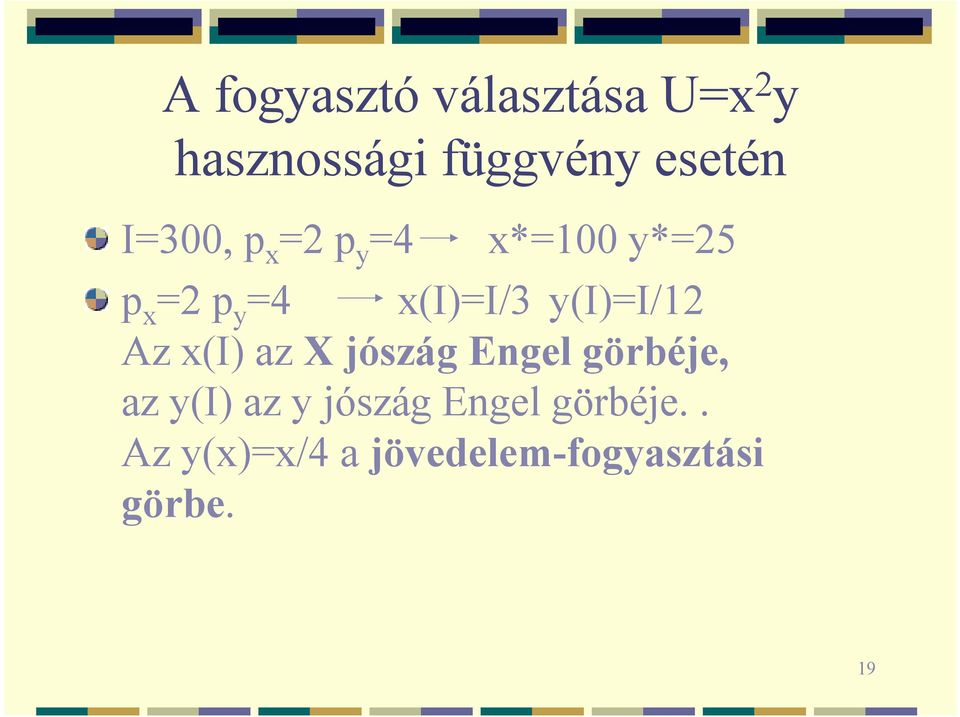 y(i)=i/12 Az x(i) az X jószág Engel görbéje, az y(i) az y