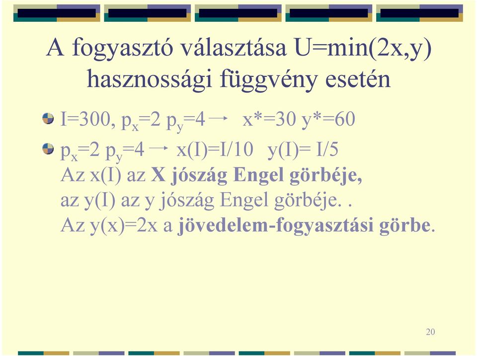x(i)=i/10 y(i)= I/5 Az x(i) az X jószág Engel görbéje, az