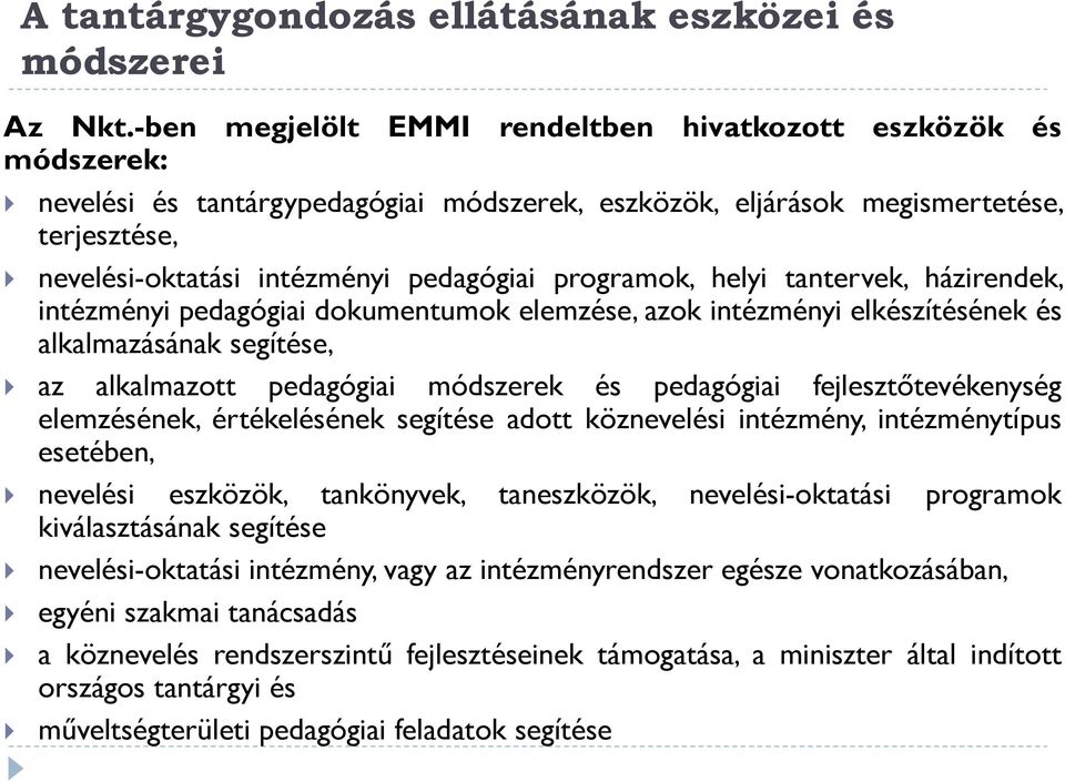 programok, helyi tantervek, házirendek, intézményi pedagógiai dokumentumok elemzése, azok intézményi elkészítésének és alkalmazásának segítése, az alkalmazott pedagógiai módszerek és pedagógiai