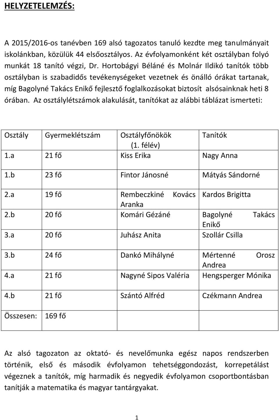 órában. Az osztálylétszámok alakulását, at az alábbi táblázat ismerteti: Osztály Gyermeklétszám Osztályfőnökök Tanítók (1. félév) 1.a 21 fő Kiss Erika Nagy Anna 1.