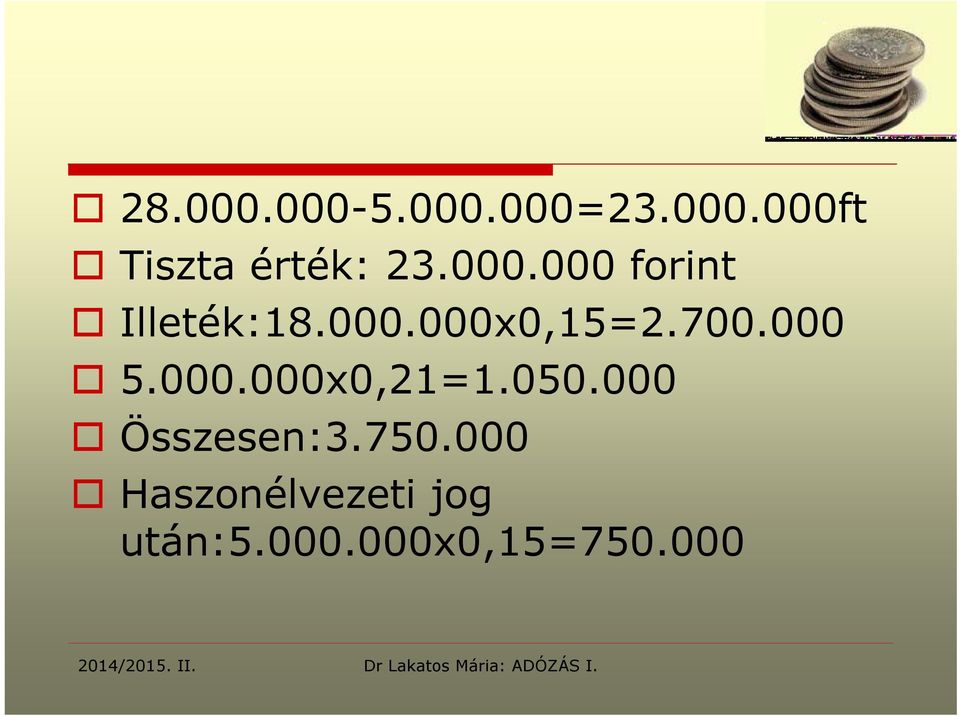 000 Összesen:3.750.000 Haszonélvezeti jog után:5.000.000x0,15=750.