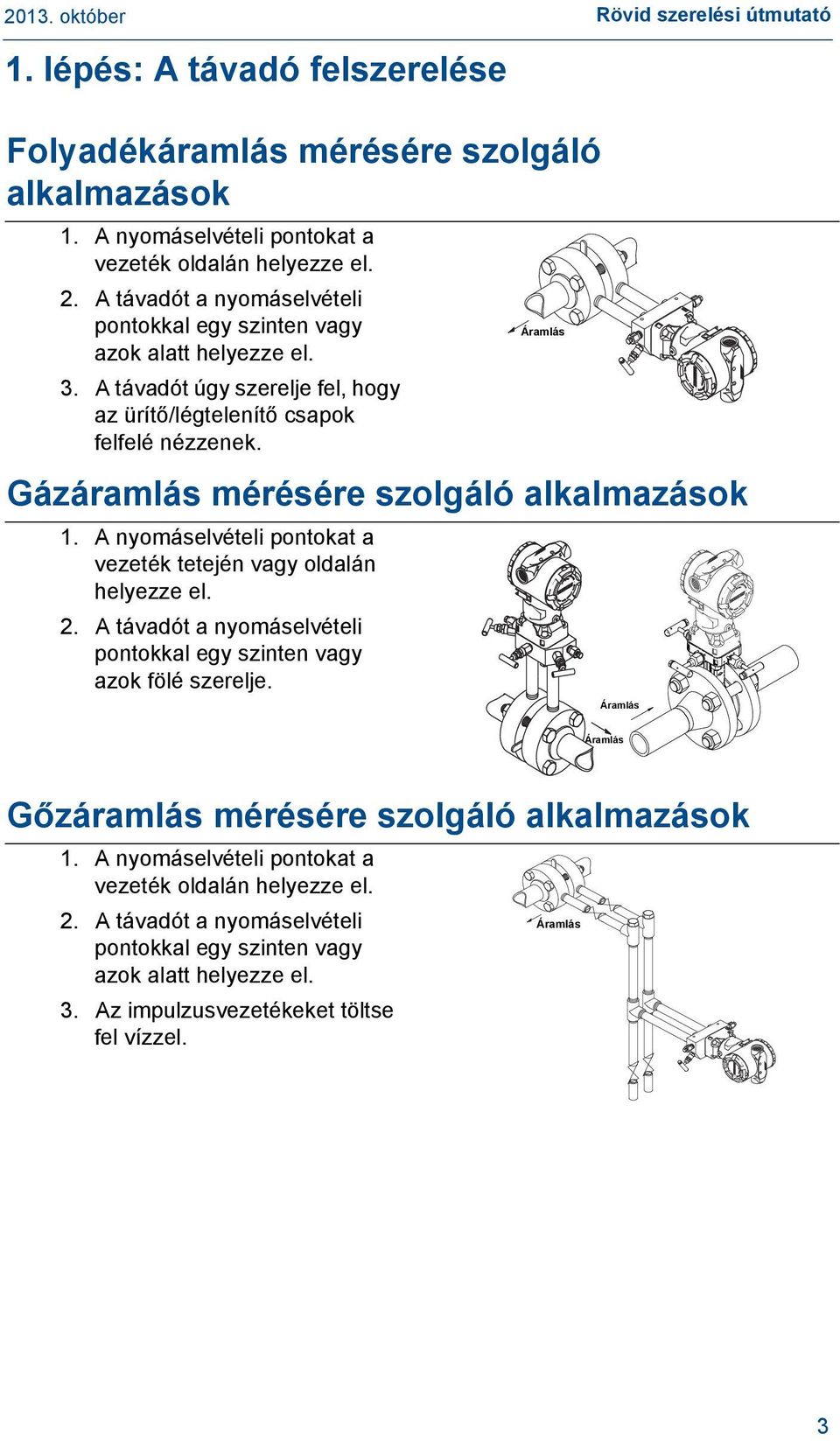 Gázáramlás mérésére szolgáló alkalmazások 1. A nyomáselvételi pontokat a vezeték tetején vagy oldalán helyezze el. 2. A távadót a nyomáselvételi pontokkal egy szinten vagy azok fölé szerelje.
