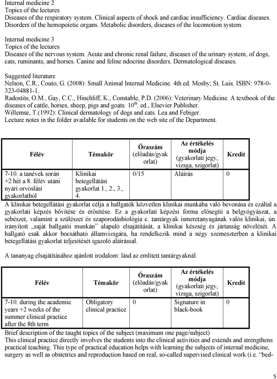 Acute and chronic renal failure, diseases of the urinary system, of dogs, cats, ruminants, and horses. Canine and feline ndocrine disorders. Dermatological diseases. Suggested literature Nelson, C.R.