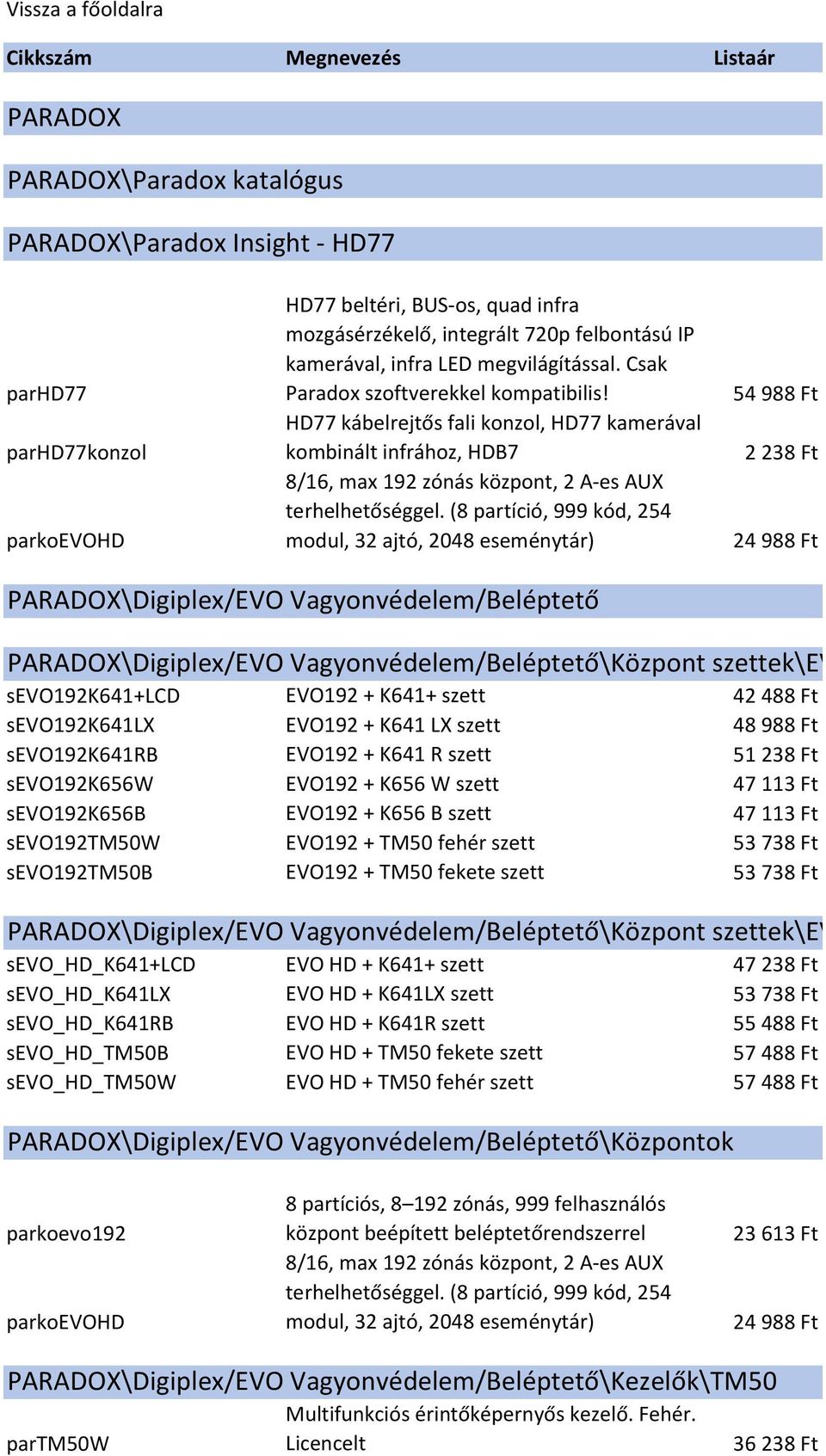 HD77 kábelrejtős fali konzol, HD77 kamerával kombinált infrához, HDB7 8/16, max 192 zónás központ, 2 A-es AUX terhelhetőséggel.