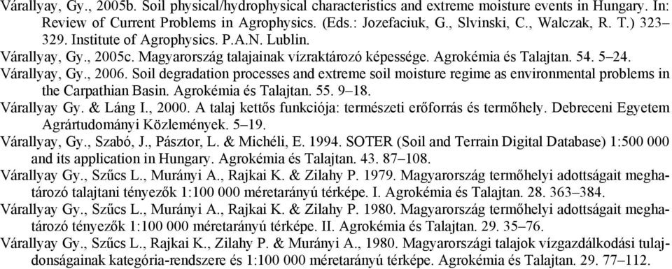 Soil degradation processes and extreme soil moisture regime as environmental problems in the Carpathian Basin. Agrokémia és Talajtan. 55. 9 18. Várallyay Gy. & Láng I., 2000.