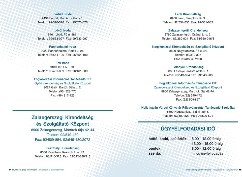 Telefon: 96/461-809 Fax: 96/461-809 Foglalkozási Információs Tanácsadó FIT Gyôri Kirendeltség és Szolgáltató Központ 9024 Gyôr, Bartók Béla u. 2.