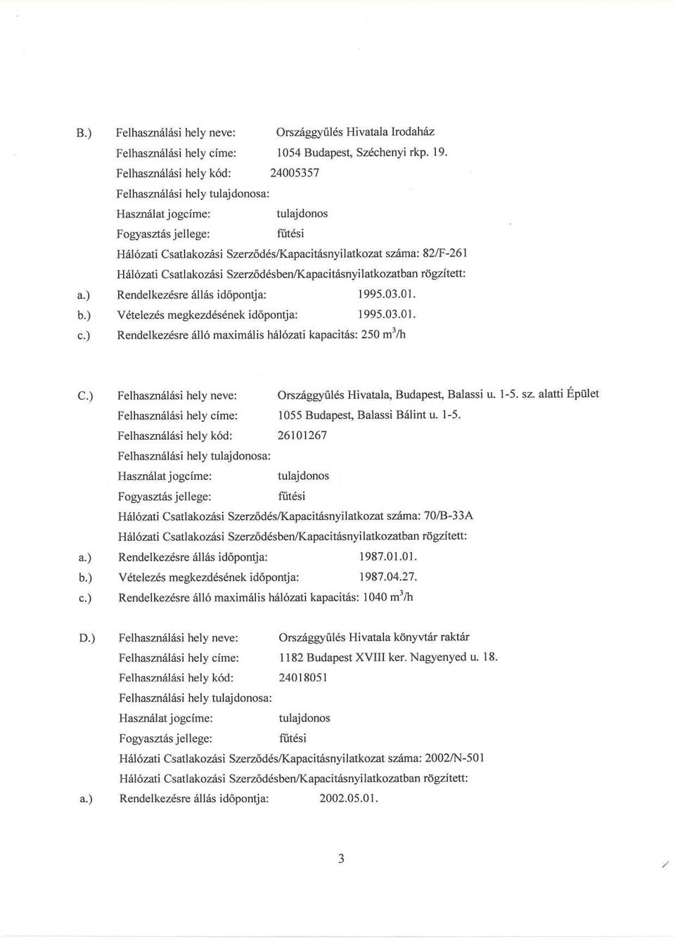 Hálózati Csatlakozási Szerződésben/Kapacitásnyilatkozatban rögzített : a.) Rendelkezésre állás időpontja : 1995.03.01. b.) Vételezés megkezdésének időpontja : 1995.03.01. c.