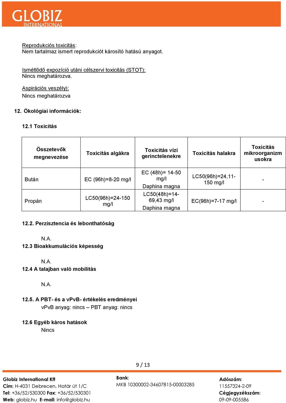 1 Toxicitás Összetevők megnevezése Toxicitás algákra Toxicitás vízi gerinctelenekre Toxicitás halakra Toxicitás mikroorganizm usokra Bután EC (96h)=8-20 mg/l EC (48h)= 14-50 mg/l Daphina