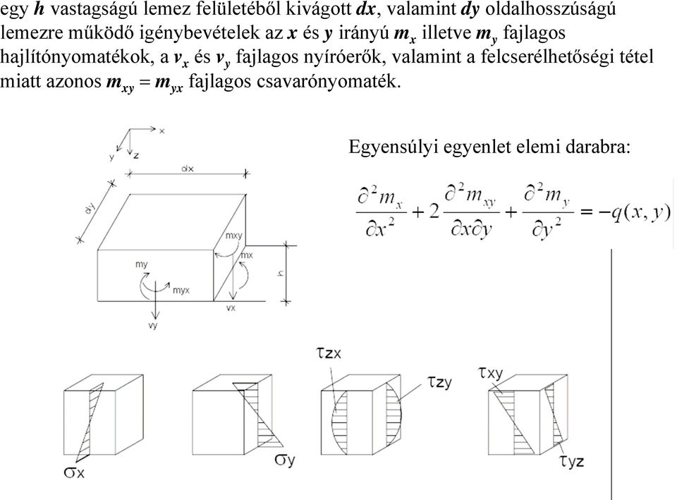 hajlítónyomatékok, a v x és v y fajlagos nyíróerők, valamint a