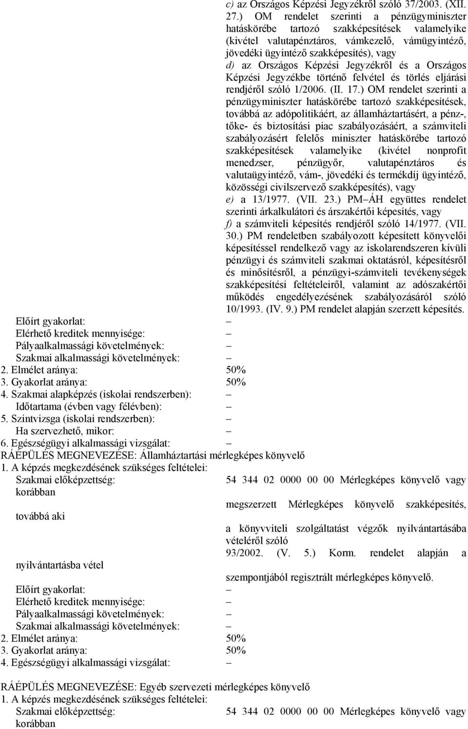 Képzési Jegyzékről és a Országos Képzési Jegyzékbe történő felvétel és törlés eljárási rendjéről szóló 1/2006. (II. 17.